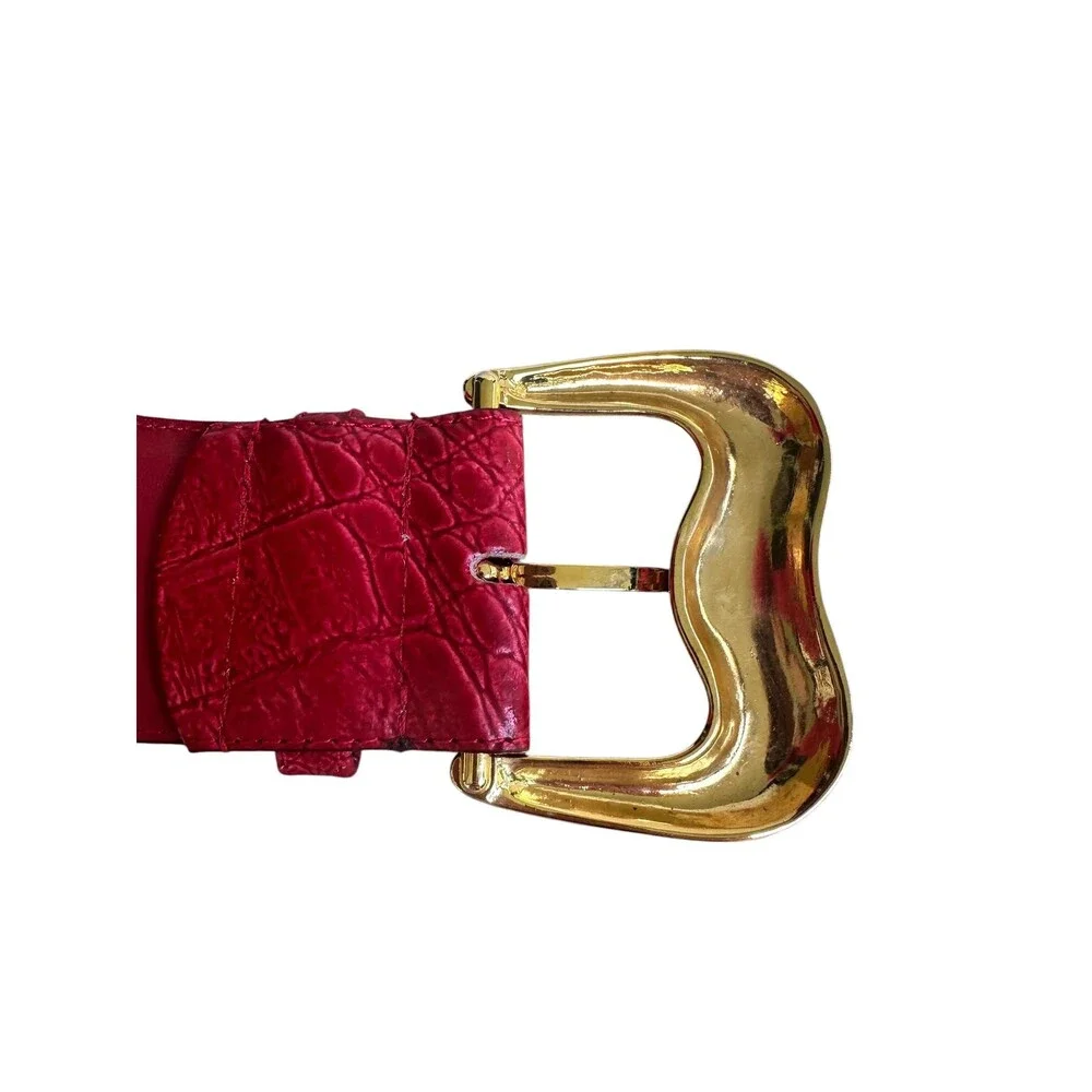 Vintage Milor Red Embossed Leather Belt, Big Gold Buckle, Size Small 32